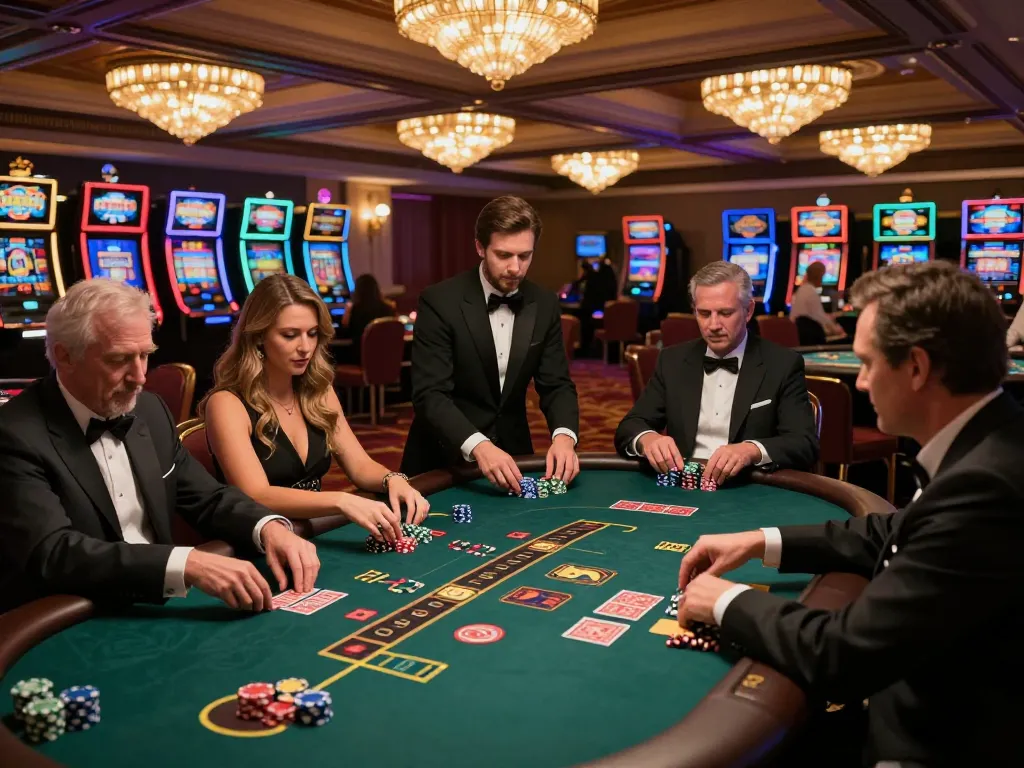 Engaging gameplay at 789win casino with players at poker tables and lively casino atmosphere