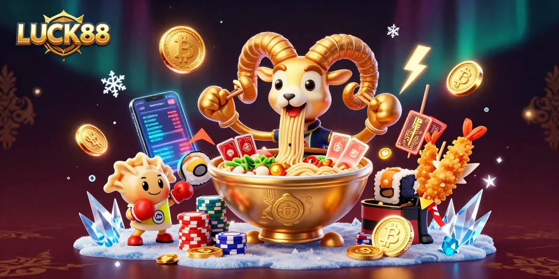 Experience the excitement of LUCK88 as a giant ramen bowl deals cards amid vibrant casino elements.