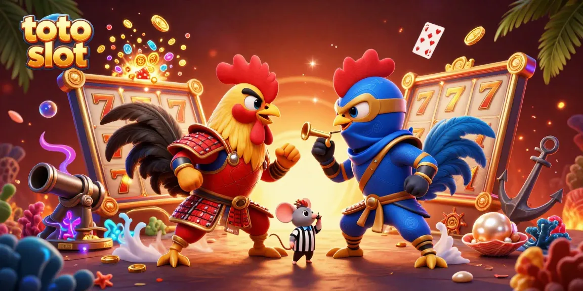 Toto slot engaging dynamic scene with fighting roosters and vibrant casino elements