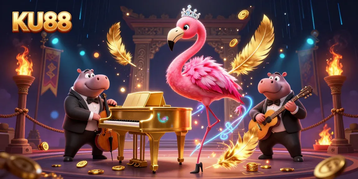 Engage with KU88's vibrant casino energy featuring a flamingo singer and hippo bassist.