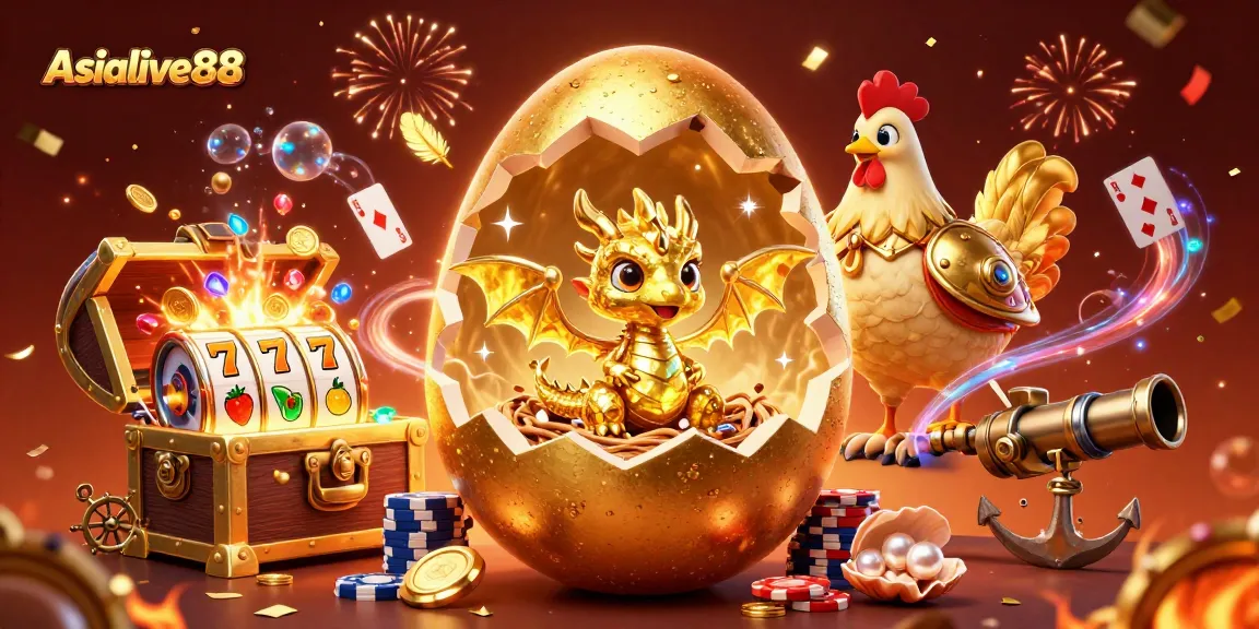 Engage with Asialive88's thrilling slots scene featuring a gold baby dragon and poker chips.