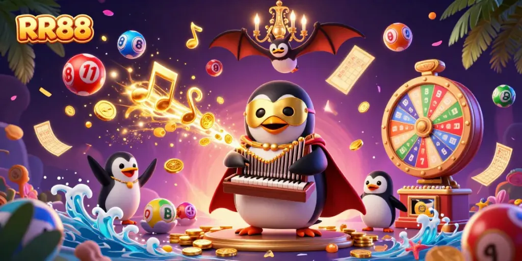 Experience the thrill of RR88 as a cartoon penguin plays a grand organ, surrounded by vibrant lottery-themed elements.