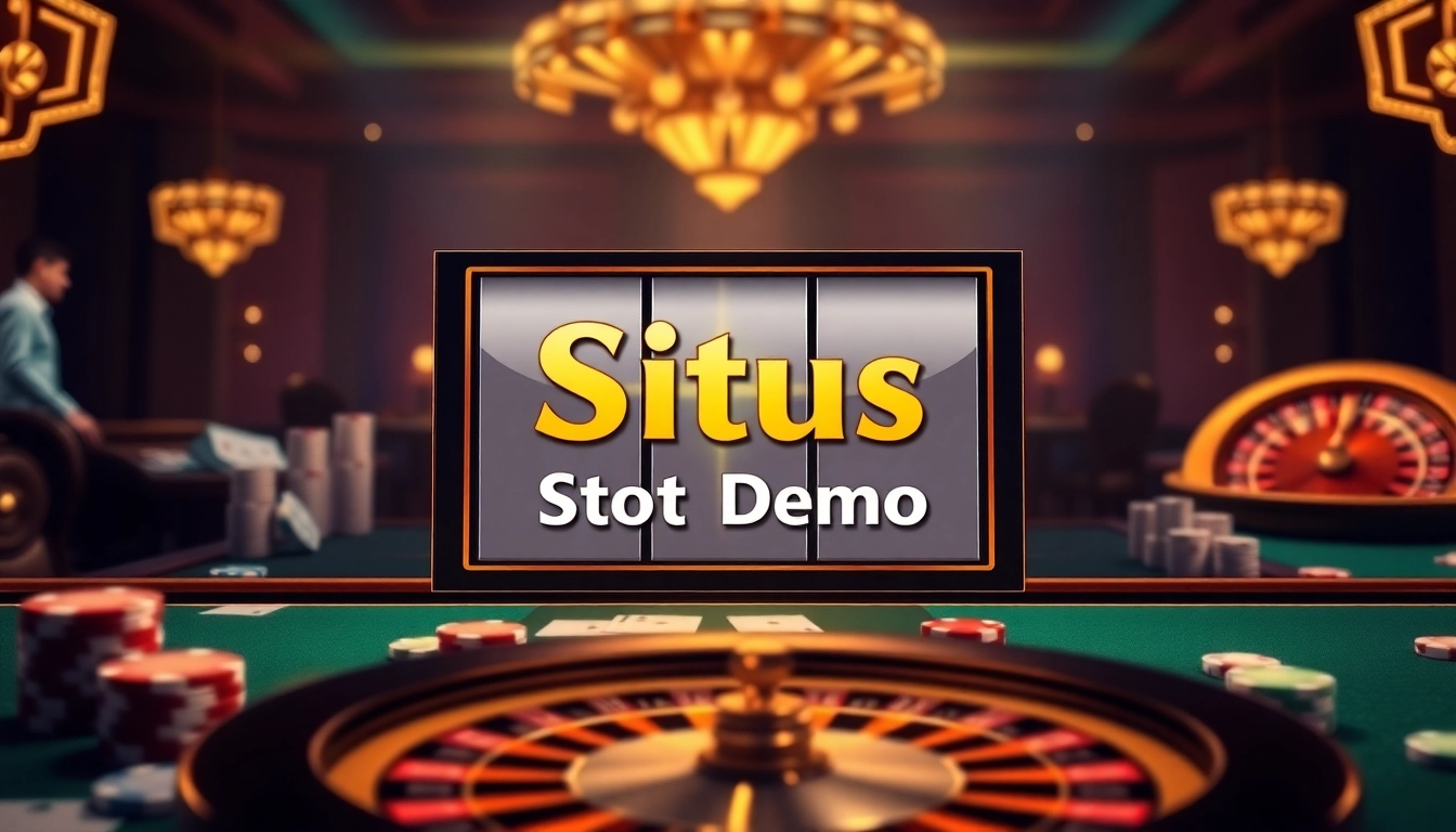Situs slot demo showcased in a luxurious casino setting with vibrant slot machines and poker elements.