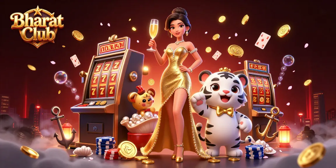 Bharat Club presents a glamorous woman and a lucky tiger cub celebrating casino wins amidst vibrant slot game symbols.