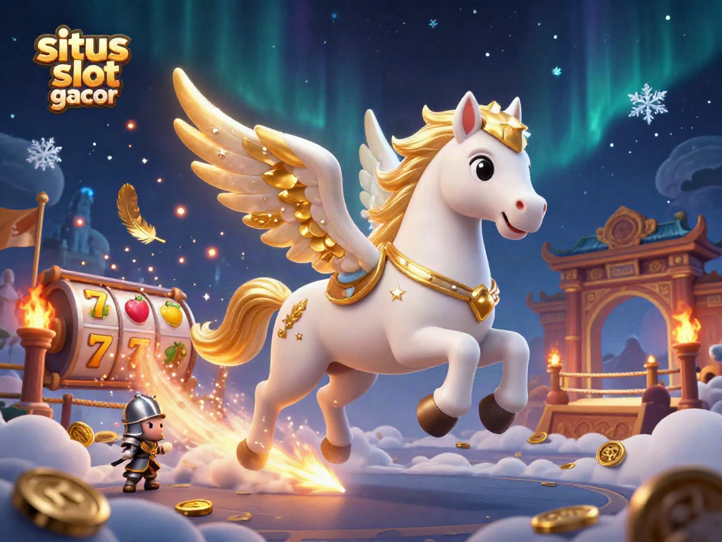 Menggambarkan suasana seru di situs slot gacor dengan kuda putih dan ksatria kecil, dikelilingi koin emas dan roda slot.
