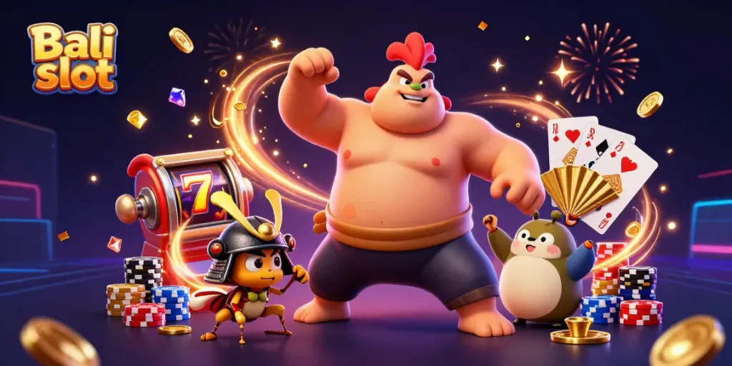 Engage with the Bali slot cartoon casino scene featuring dynamic characters and vibrant elements.