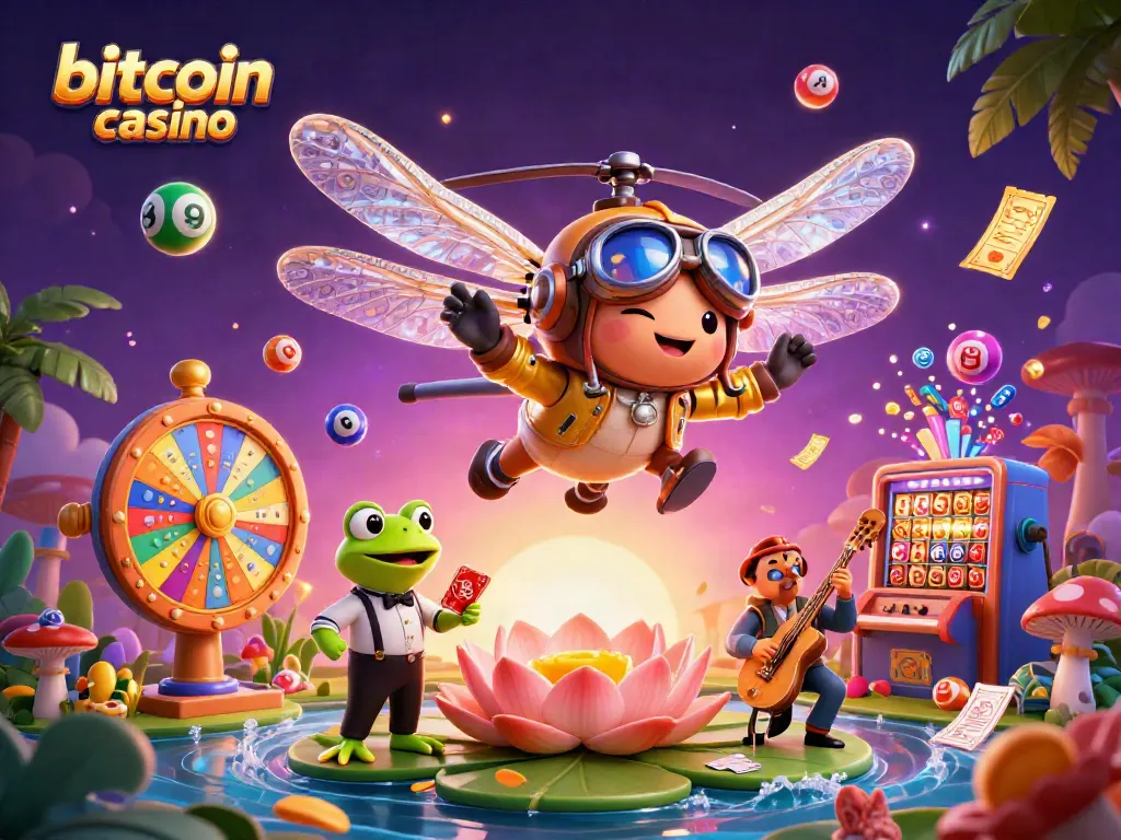 Experience the thrill of the bitcoin casino with a dragonfly pilot, frog croupier, and jazz musicians.