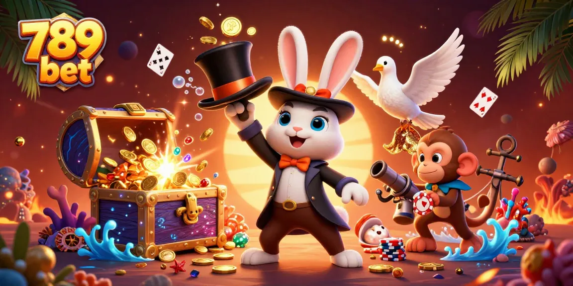 Engage with 789 bet's vibrant illustration featuring a magician rabbit pulling golden coins amidst casino elements.