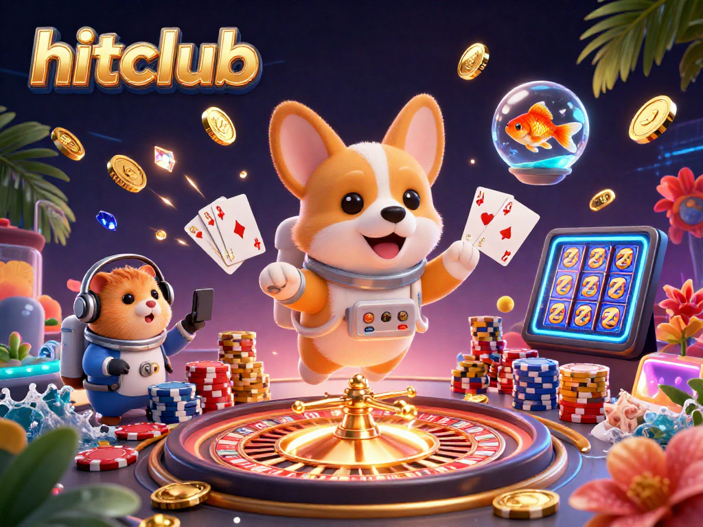 Hitclub gaming scene with a fun astronaut dog, flashy casino elements, and vibrant motion effects.