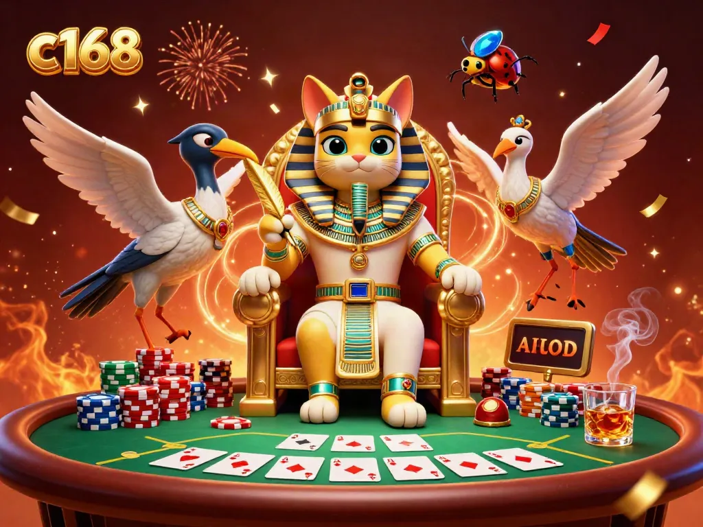 Engage in the excitement of c168 poker with a dynamic 3D scene featuring a pharaoh cat and scribe.