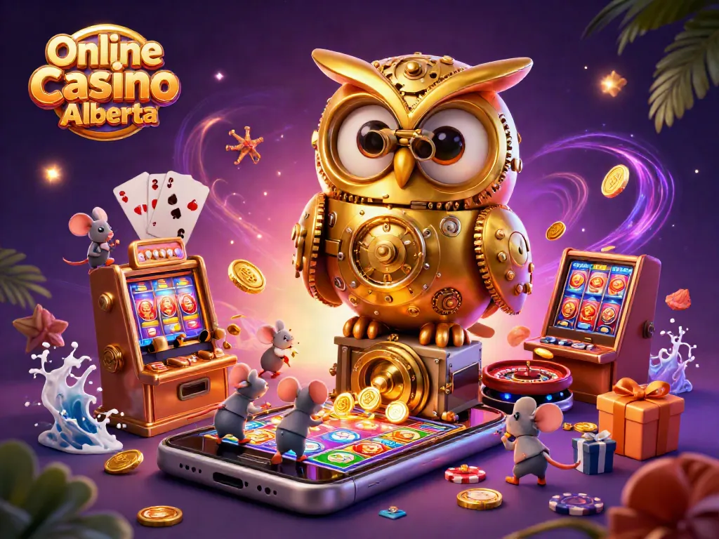 Engage with Online Casino Alberta through a lively 3D illustration of casino elements and characters.