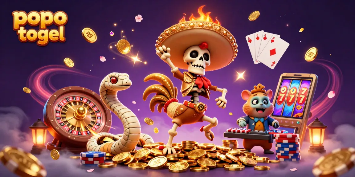 Join popo togel's exciting adventure with cartoon characters amidst golden coins and vibrant casino elements.