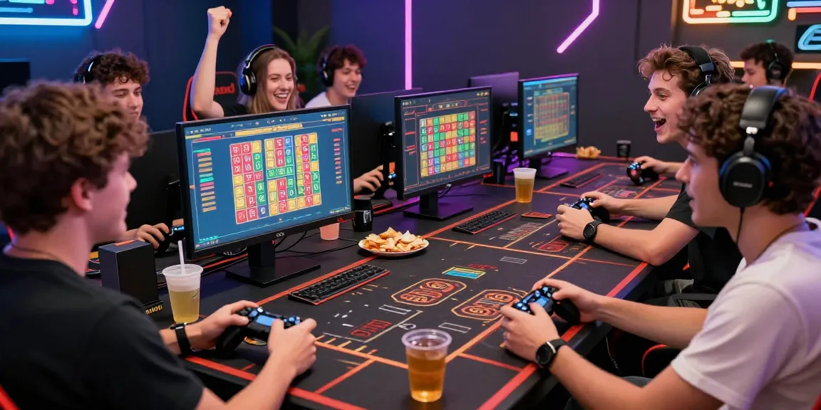 Group of friends cheering during a Toto gambling tournament with vibrant gaming setup.