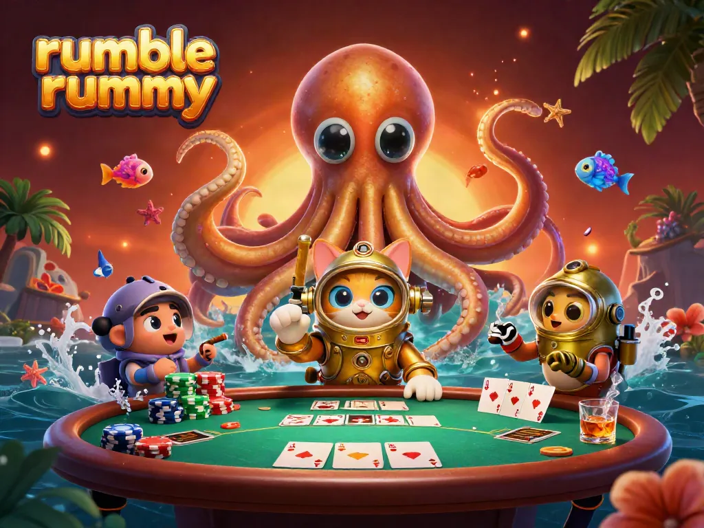 Engage in rumble rummy with a thrilling scene featuring unique characters and dynamic poker elements.