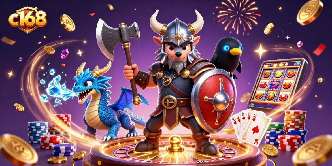 Experience the excitement of c168 as a Viking wolf battles with coins and poker chips in a vibrant casino scene.