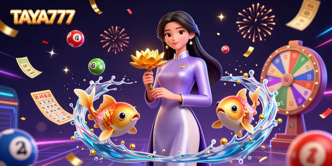 TAYA777 engages with colorful lottery balls and vibrant casino games in a captivating 3D digital scene.