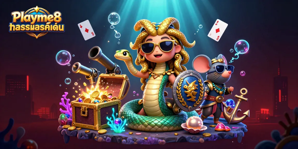 Playme8 ตารางบอลคู่เด่น แสดงภาพการเล่นเกมคาสิโนในโลกใต้ทะเล โดยมีตัวละครน่ารักและสินค้าหลากหลาย
