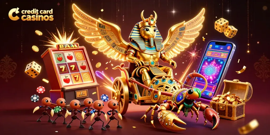 Experience thrilling credit card casinos with vibrant elements and animated characters depicting casino excitement.