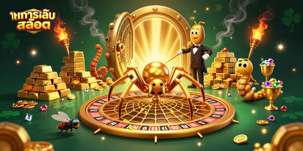 Spin the reels while trying to ทดลองเล่นสล็อต in a vibrant and dynamic casino illustration featuring a golden spider and treasures.