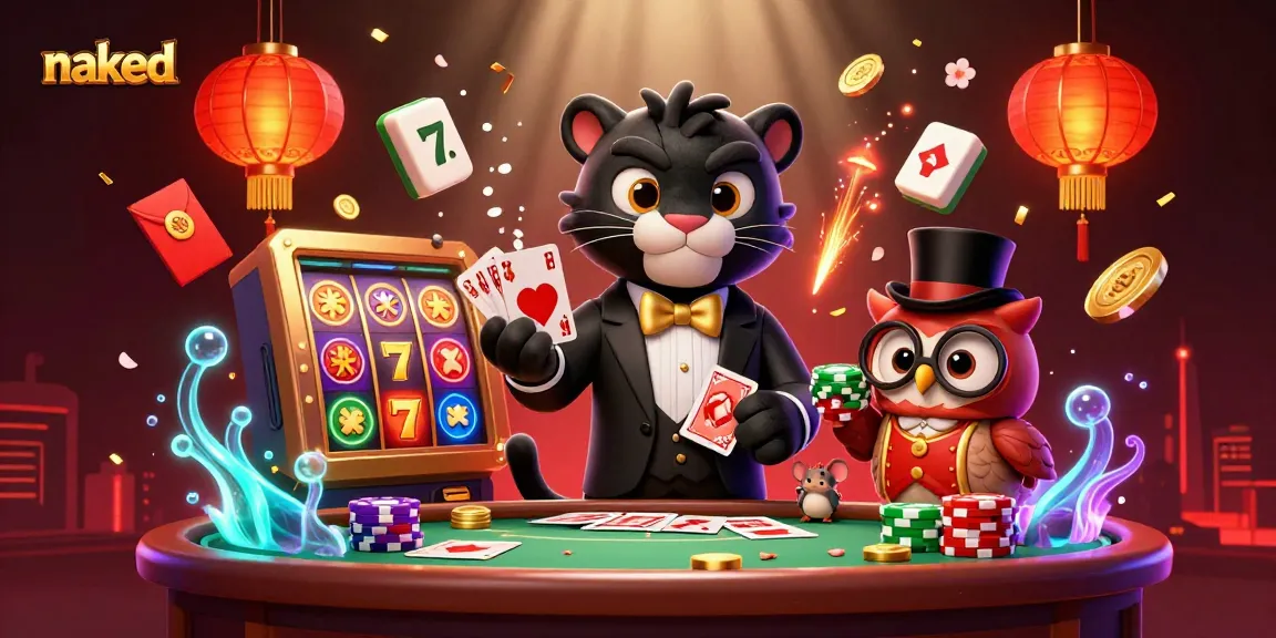 Naked black panther elegantly deals cards in a lively casino scene with lucky symbols and vibrant characters.