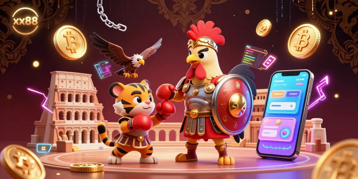 Experience thrilling gameplay with xx88 in this vibrant 3D casino illustration showcasing a dynamic gladiator rooster and crypto elements.