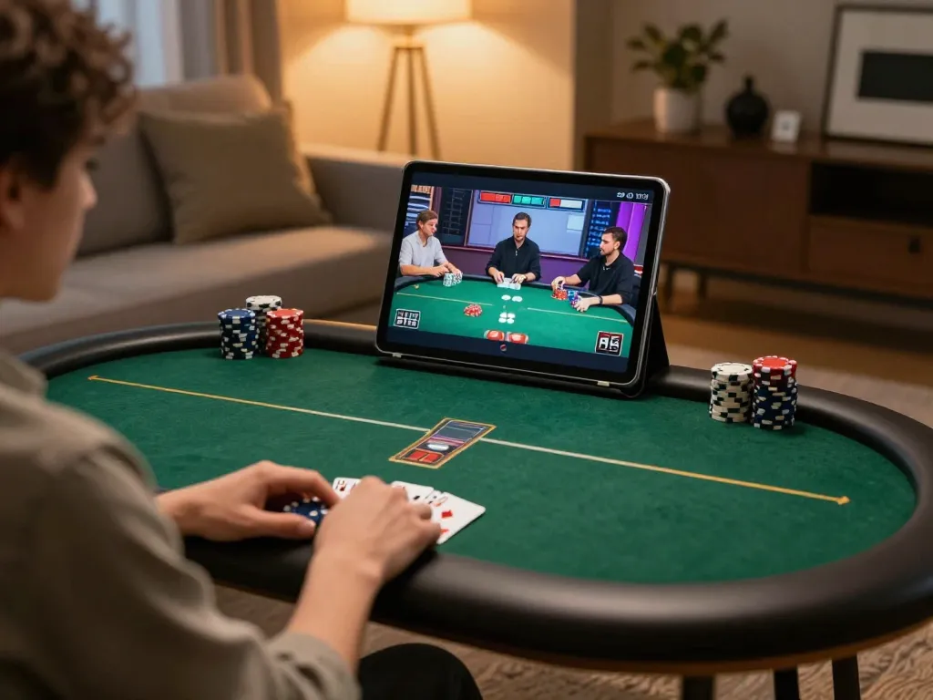 Engaged player betting on cm8888 poker game while relaxing at home.