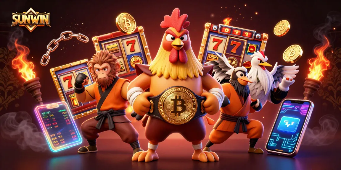 SUNWIN pushes the limits of fun with slot reels and winning characters in a dynamic casino illustration.
