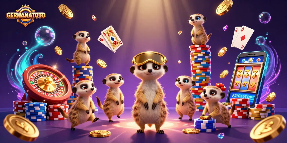 GERHANATOTO menghadirkan suasana kasino yang meriah dengan meerkat yang beroperasi, chip judi bertebaran, dan presentasi yang mengesankan.