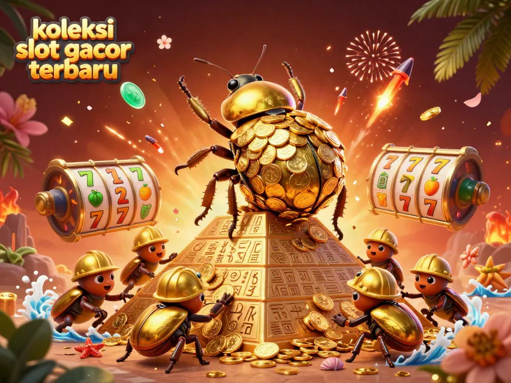 Koleksi slot gacor terbaru dipresentasikan melalui ilustrasi 3D dari skenario kasino yang ceria dengan simbol-simbol beruntung