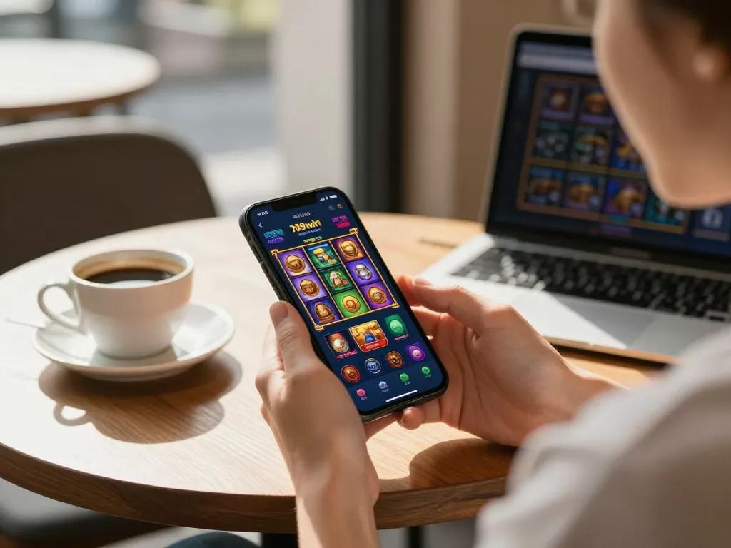 Use the app 789win to play vibrant online slots at a café, enjoying casual mobile gaming.