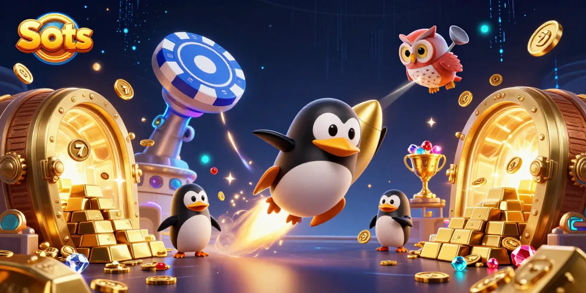Spin the reels of Slots with a golden penguin soaring through space toward a vibrant casino chip!