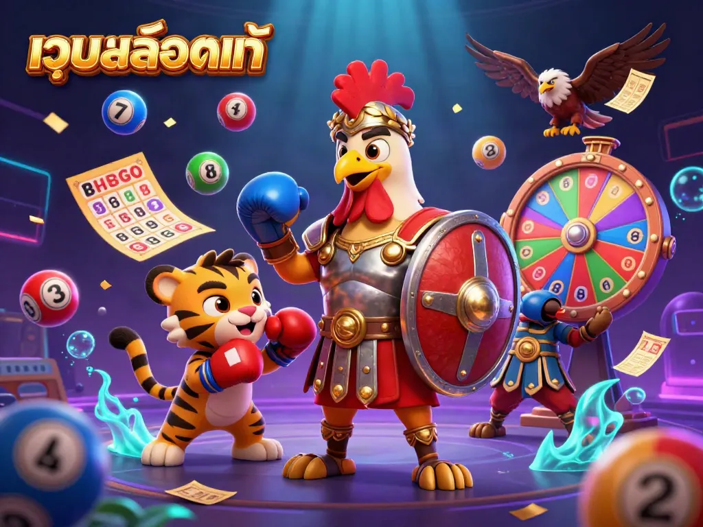 Engaging scene depicting เว็บสล็อตแท้ with vibrant elements, a gladiator rooster, and magical casino effects.