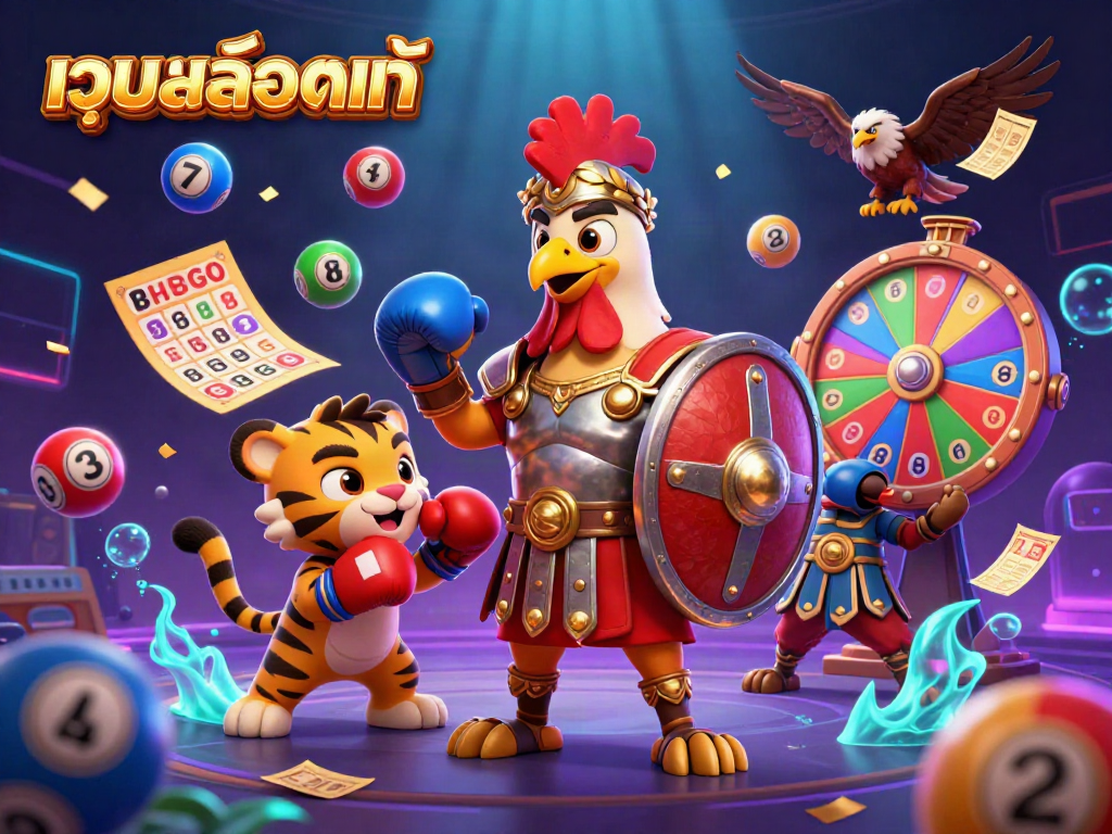 Engaging scene depicting เว็บสล็อตแท้ with vibrant elements, a gladiator rooster, and magical casino effects.