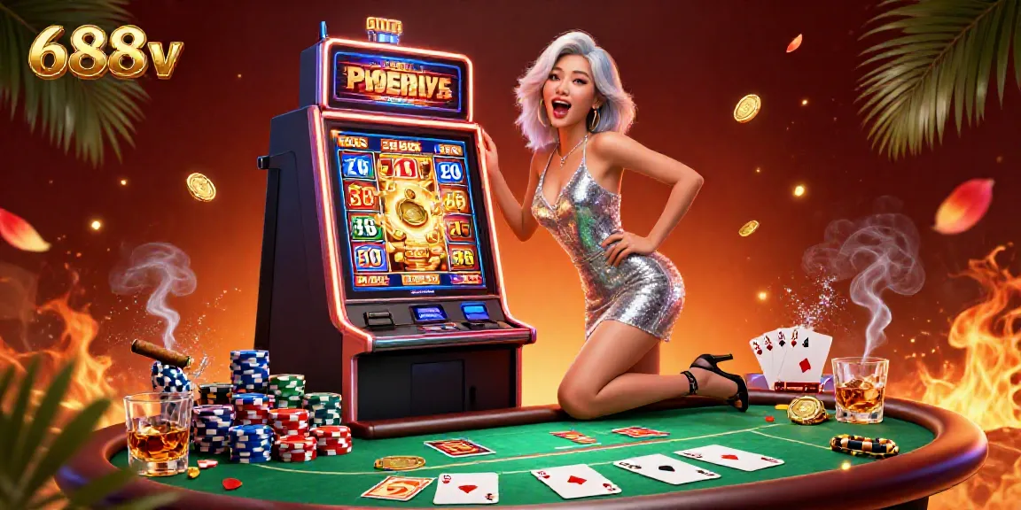 Experience excitement at 688v with a vibrant casino scene showcasing thrilling jackpots and poker action.