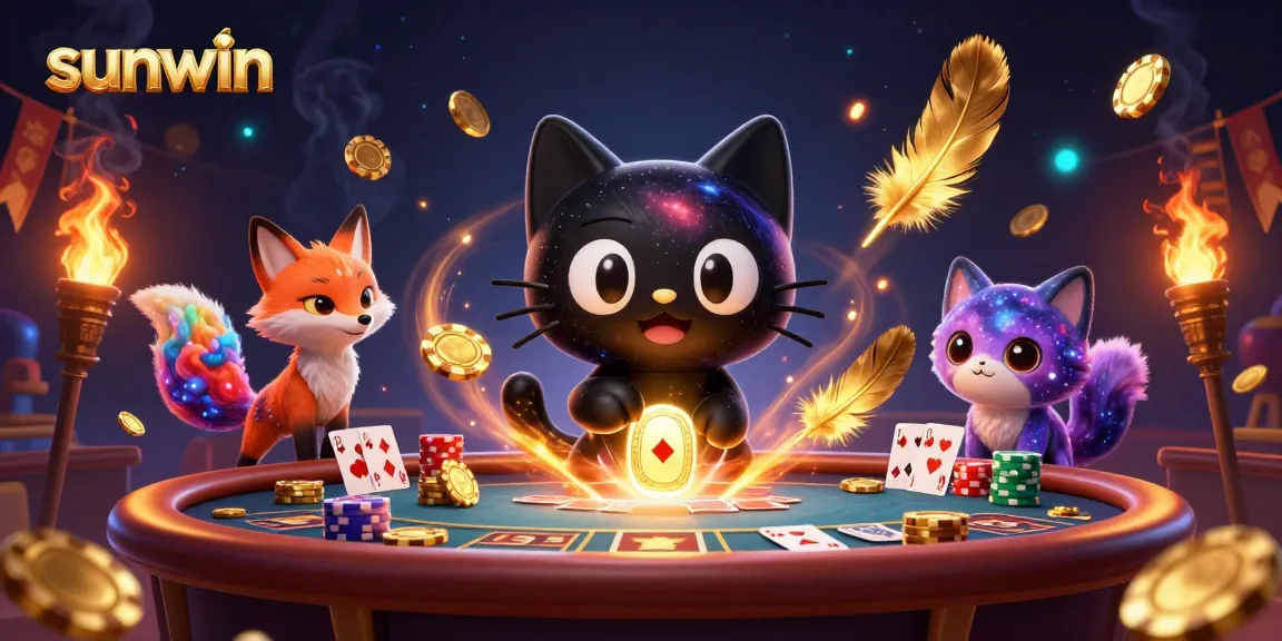 Experience thrilling gameplay at sunwin with a cosmic casino scene, featuring a black hole cat and colorful nebula fox.
