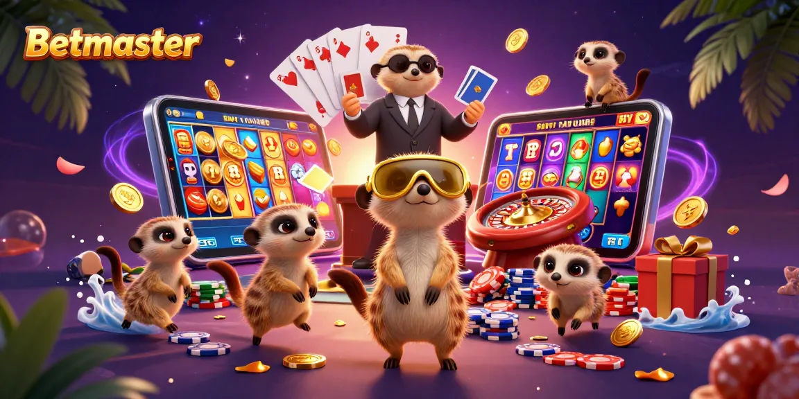 Betmaster meerkats celebrate casino excitement with swirling slot game elements and vibrant action.