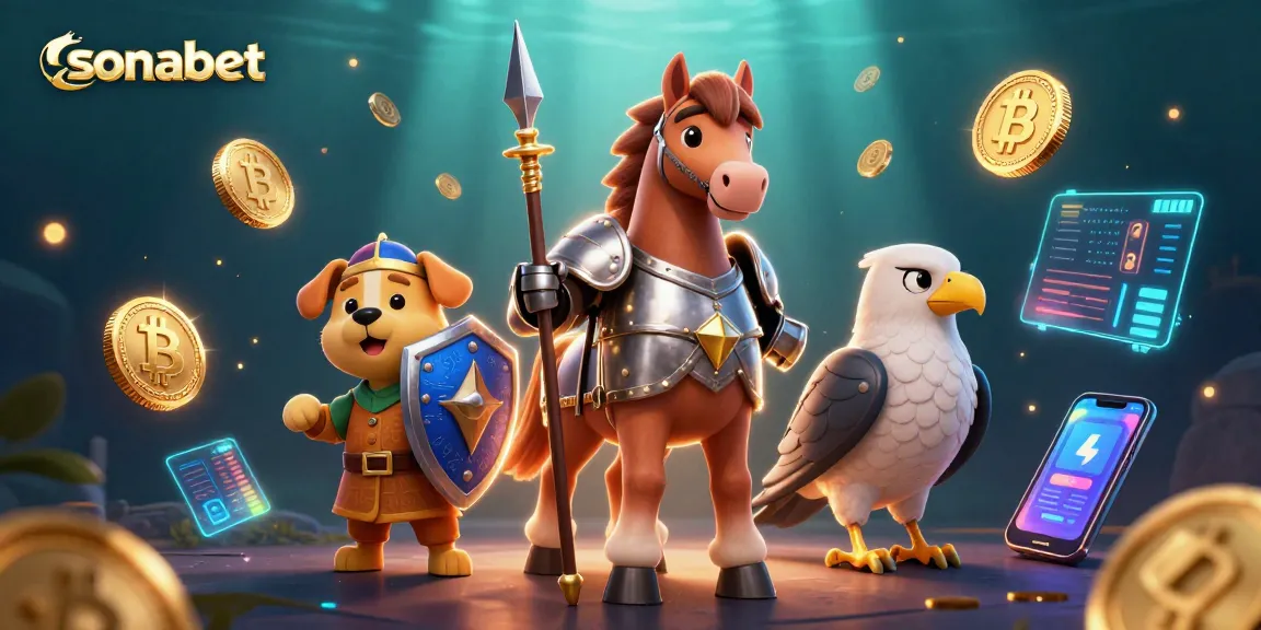 Engaging sonabet gaming scene with a knight, puppy, and falcon immersed in a crypto theme.