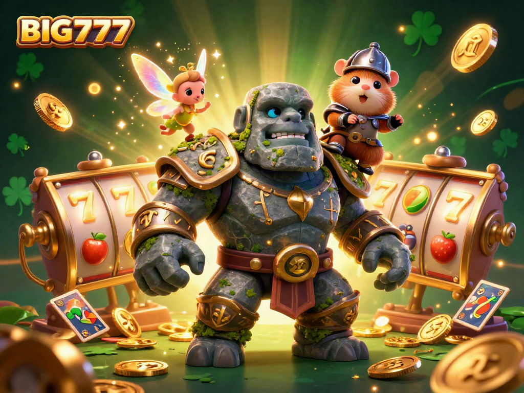 Experience the excitement of BIG777 as the stone golem guardian and companions spin slot reels in a dazzling casino scene.