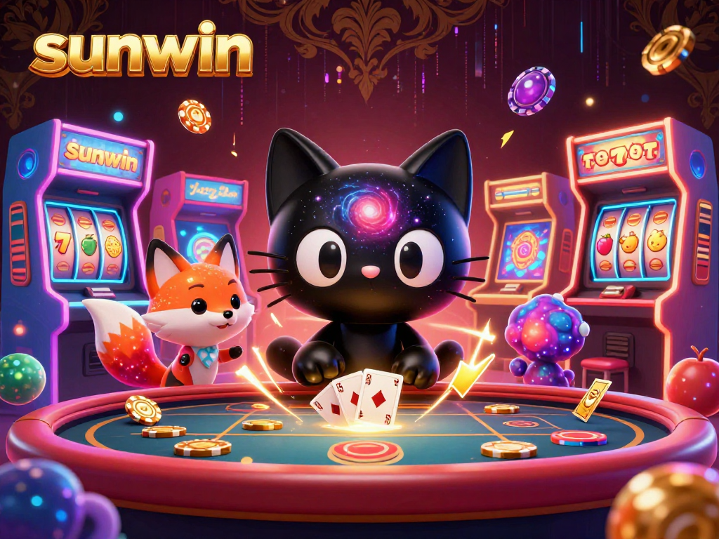 Win big at the sunwin casino with a cosmic scene featuring vibrant 3D characters and slots!