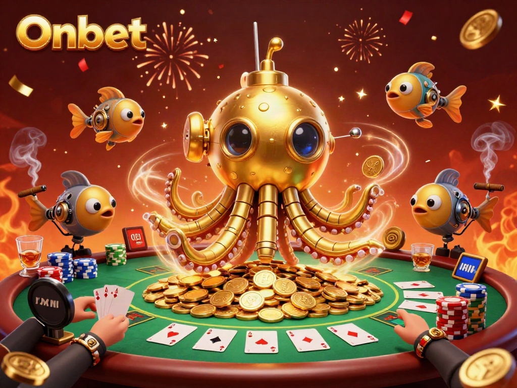 Experience exciting gameplay at Onbet with a golden kraken submarine in a vibrant casino scene.