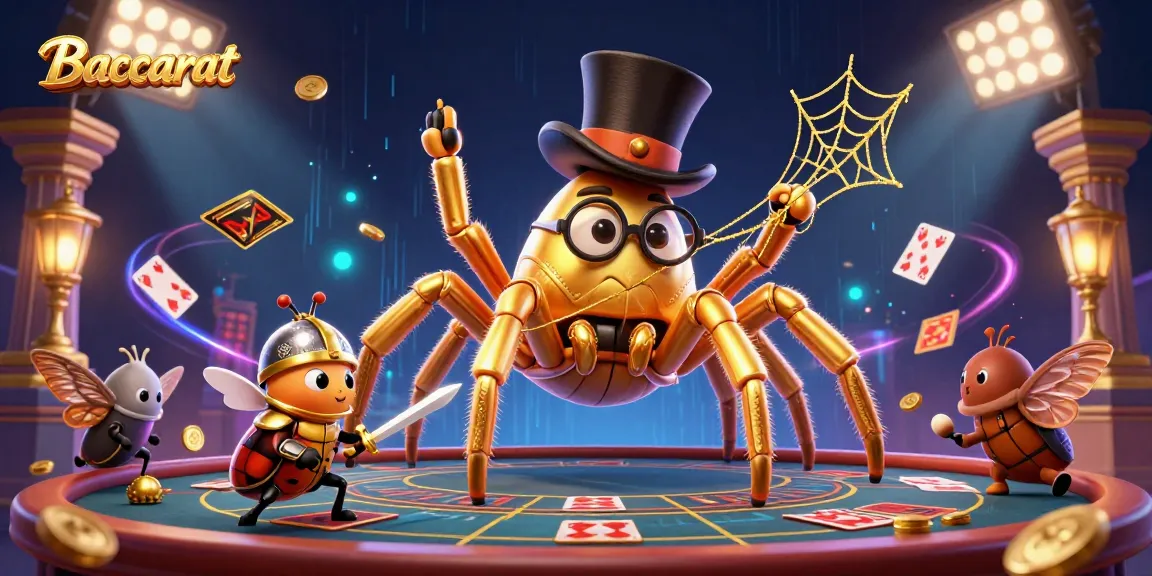 Baccarat highlights a golden tarantula and beetle knight under casino lights, showcasing thrilling gaming.
