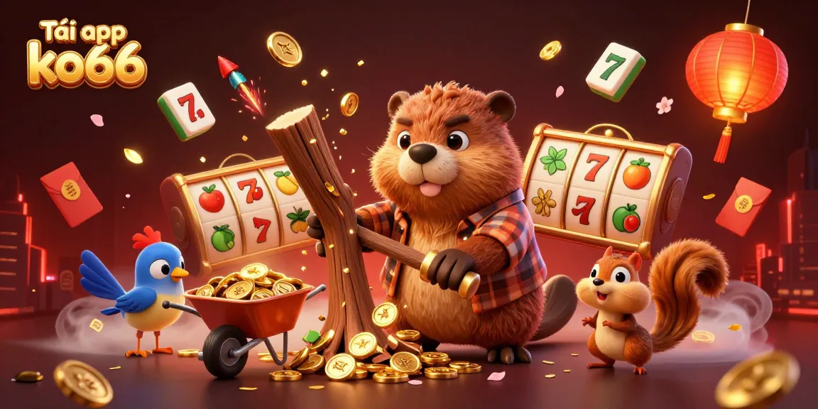 Tải app ko66 and win big with a lively 3D scene of a lumberjack beaver collecting golden coins in a vibrant casino atmosphere.