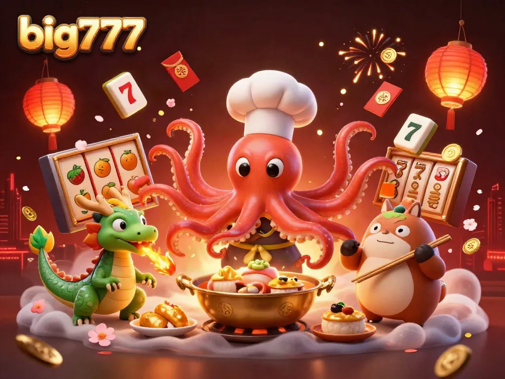 Experience big777 thrills with a dynamic illustration featuring a sushi chef octopus and friends in a vibrant casino setting.