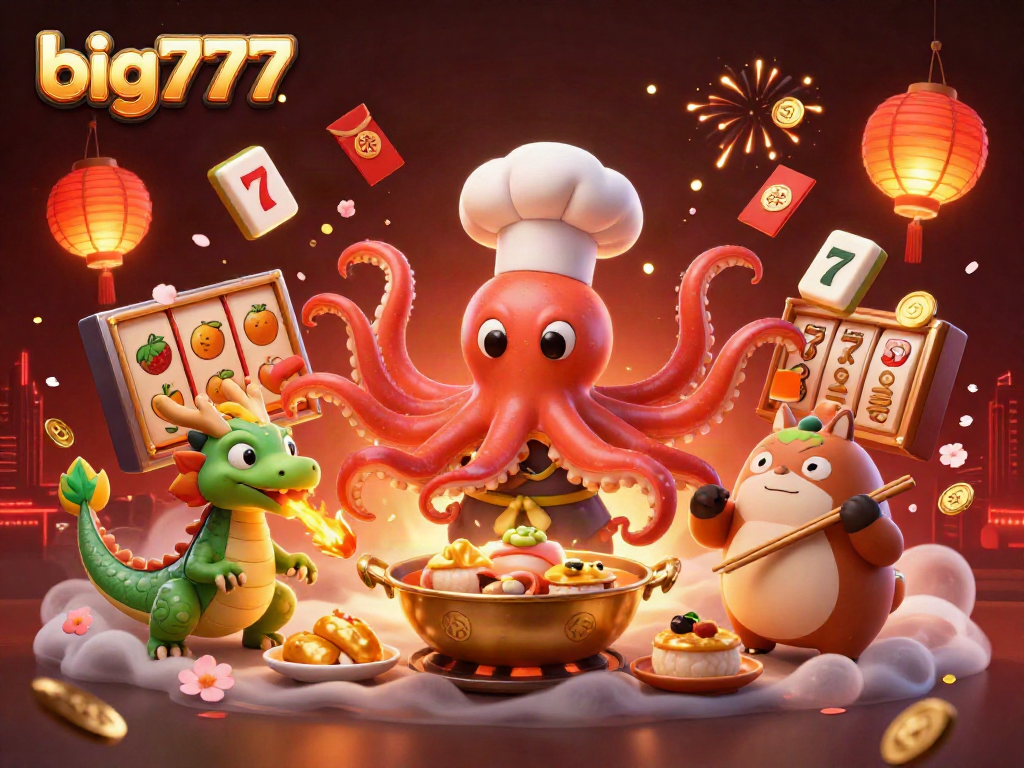 Experience big777 thrills with a dynamic illustration featuring a sushi chef octopus and friends in a vibrant casino setting.