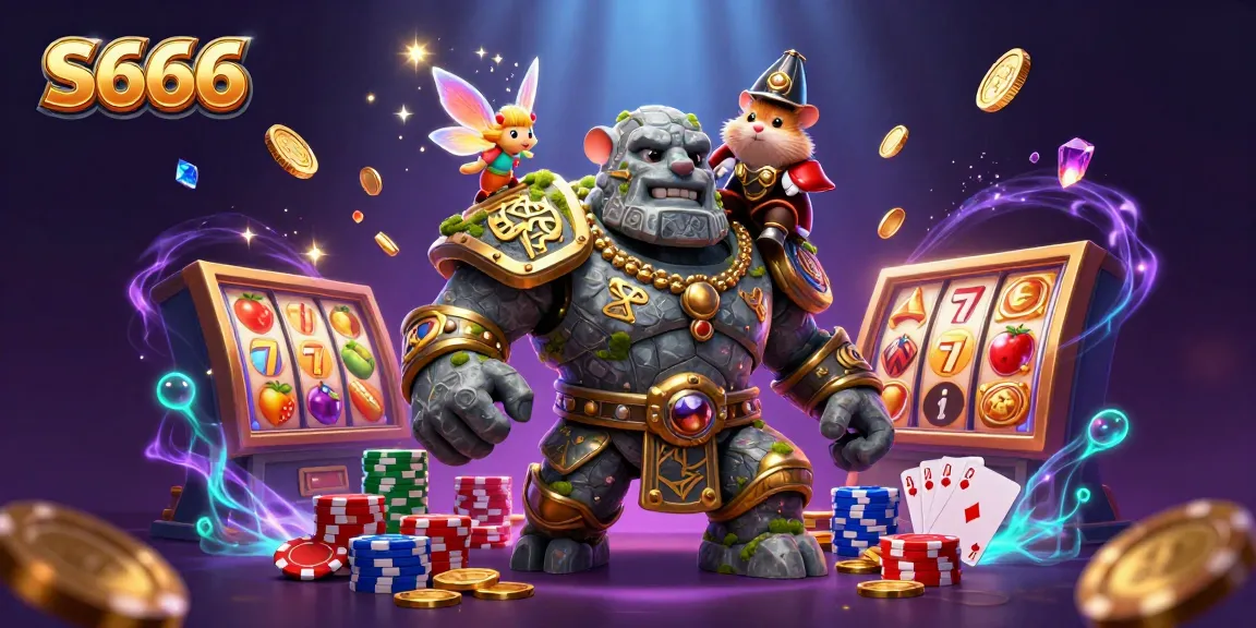 S666 brings fortune in this vibrant casino-themed illustration filled with comic-style characters and gaming elements.