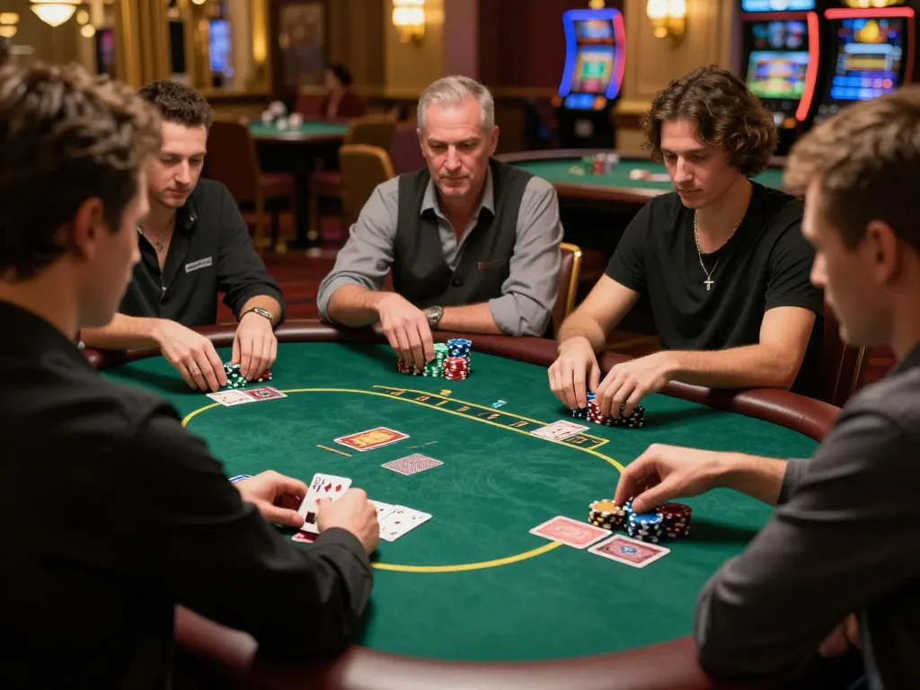 FAFA828 players strategizing in a luxury poker game at a casino table