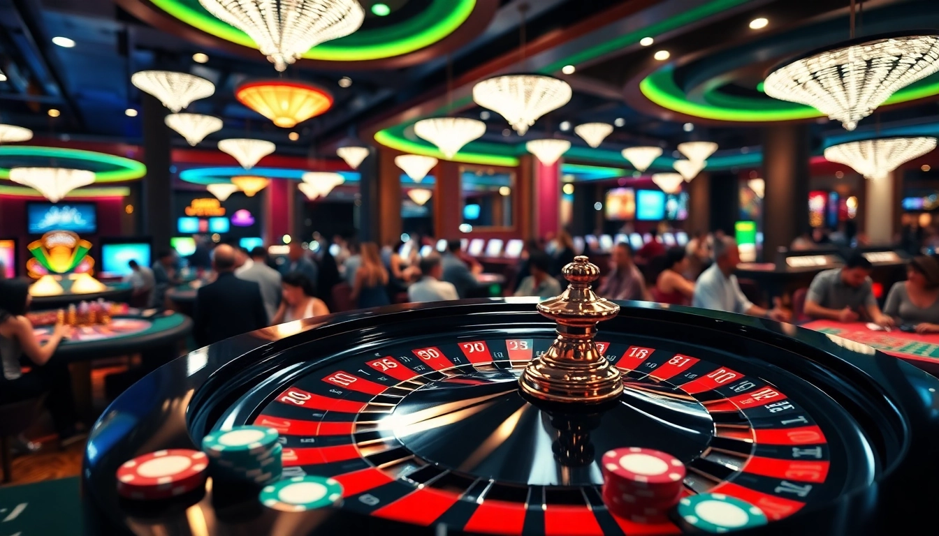 Menggambarkan arus hoki saat memainkan roulette di kasino yang penuh energi dan cahaya.