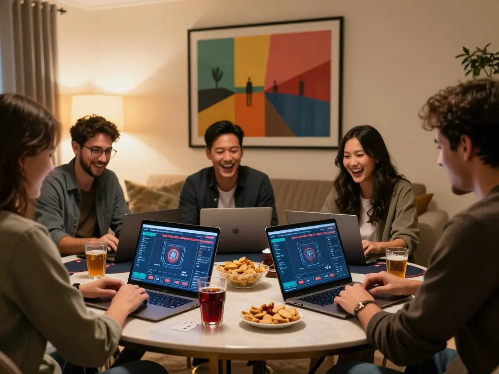 Engaging friends playing online poker with data sgp displayed on laptops, cozy home atmosphere