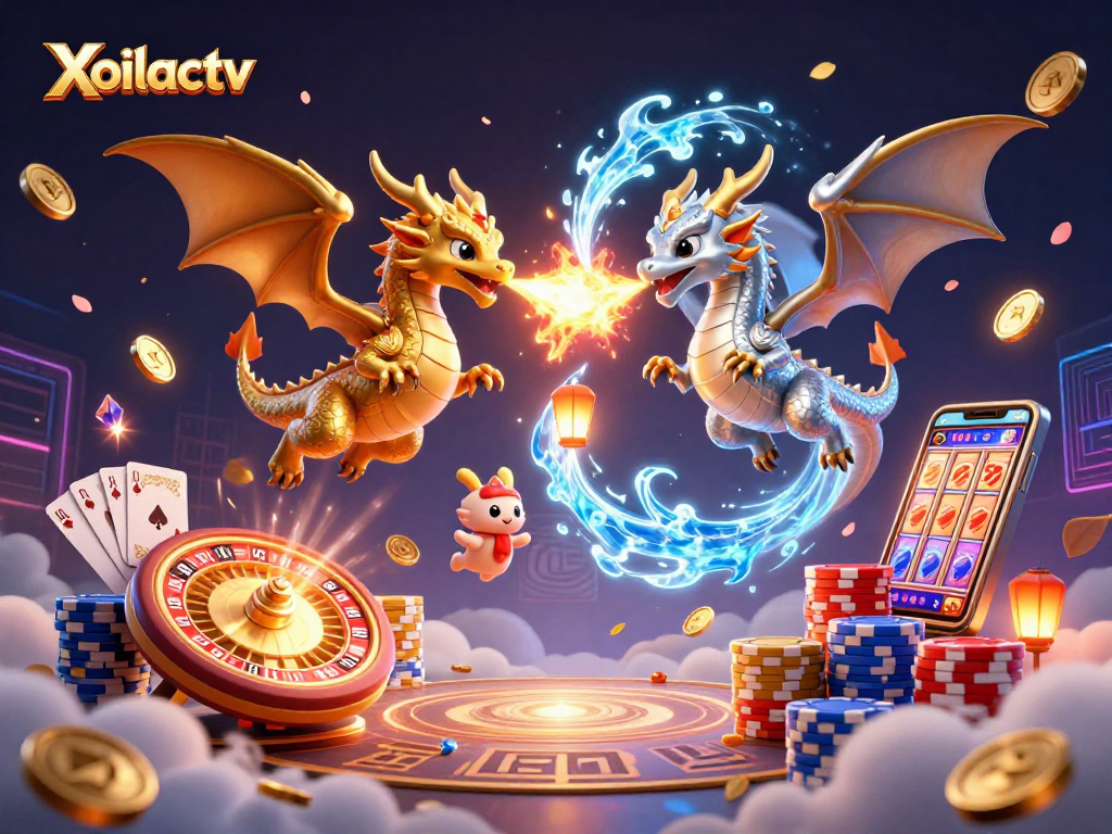 Xoilactv showcases an exciting casino scene with dragons, coins, and casino elements.