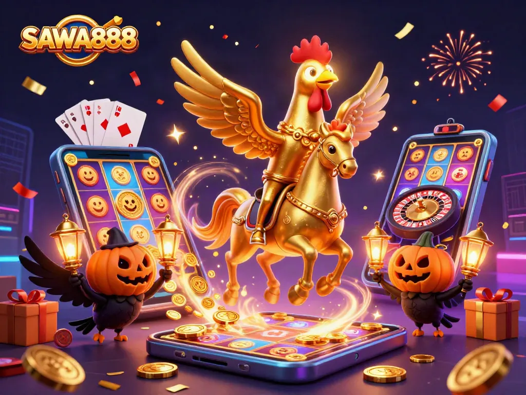 SAWA888 showcases a golden rooster riding a spectral horse amid casino excitement.